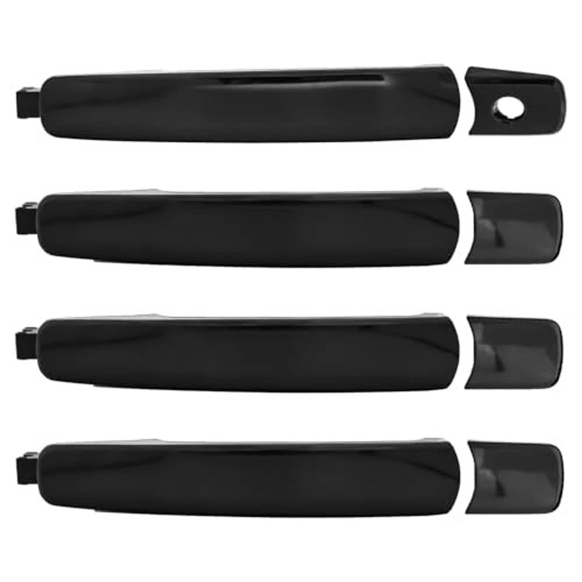 Set of 4 black exterior door handles, showing keyhole cutouts and curved lever shape