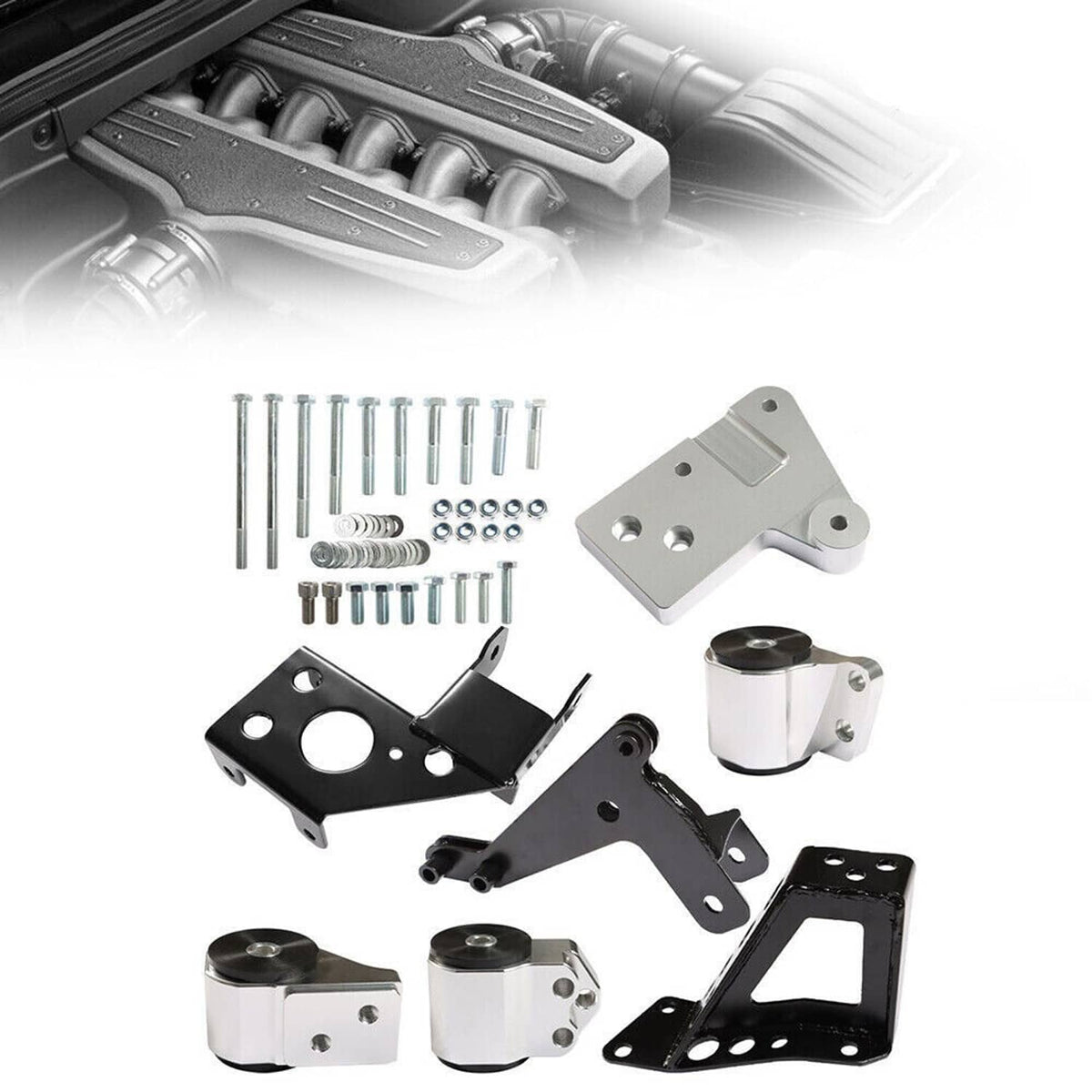 Engine mount bracket kit with black and silver components, bushings, bolts, and nuts