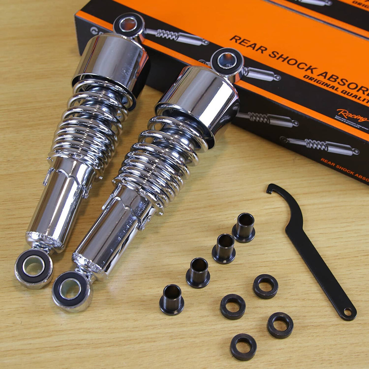 Chrome rear shock absorbers pair with coiled springs and small installation parts