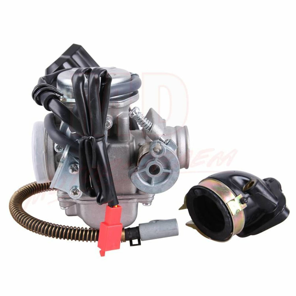 Carburetor with intake manifold, side view with red choke lever and black air intake boot