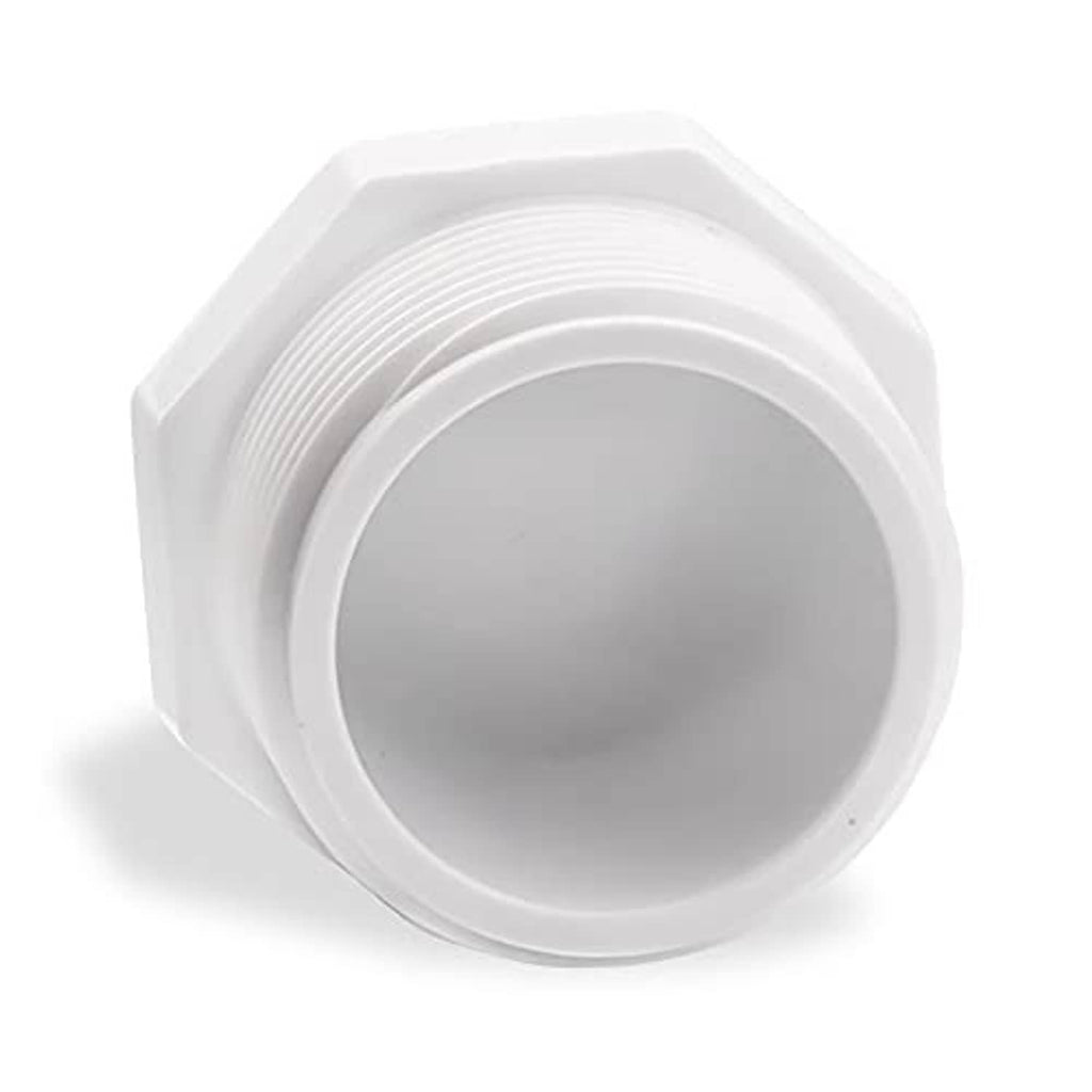 White PVC male threaded pipe end cap, MNPT 3/4, inside opening visible