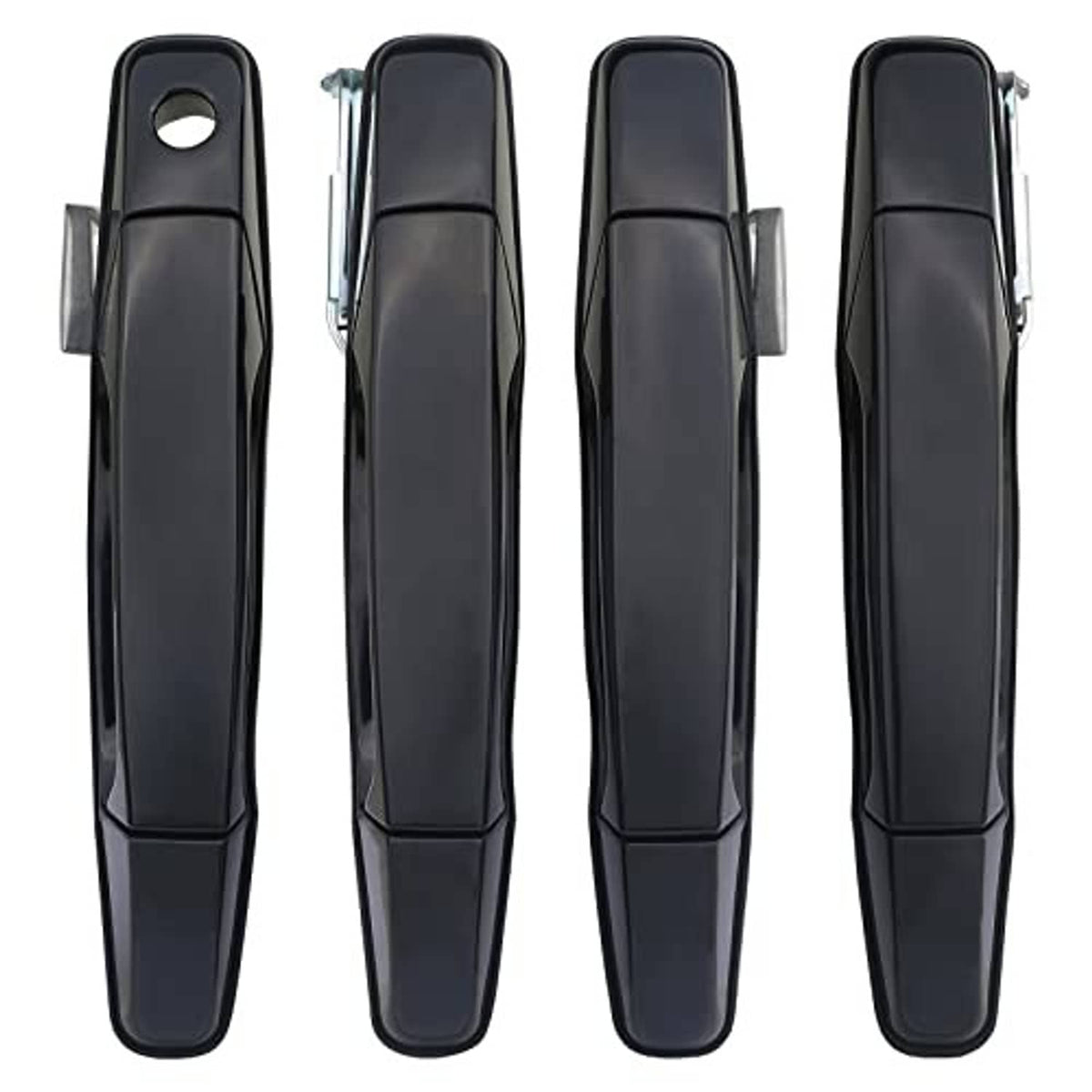 Black exterior door handle set, four individual handles with keyhole openings