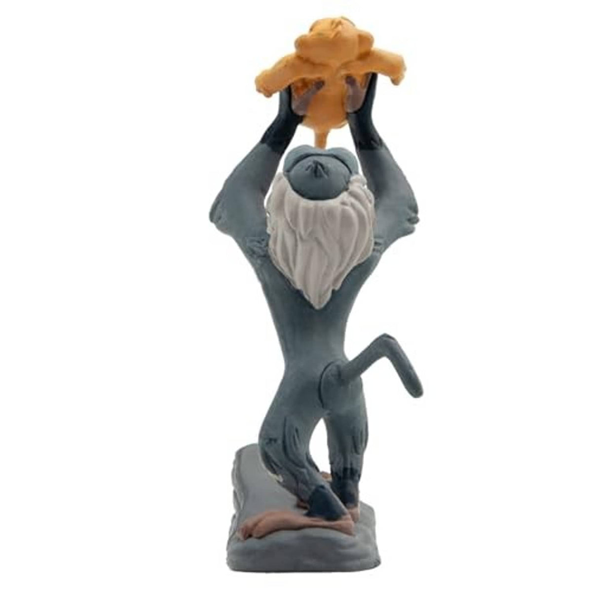 Rafiki toy figure with Simba puppet held overhead, textured gray base