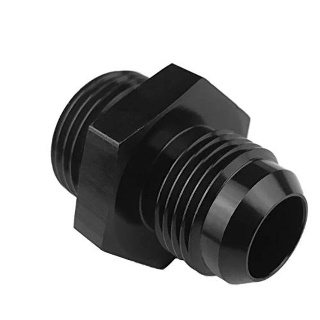 Black AN male o-ring fitting with hex head and angled outlet, showing threaded collar