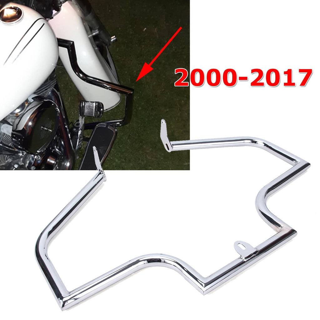 Chrome highway engine guard crash bar, side view with 2000-2017 fitment marking
