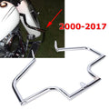 Chrome highway engine guard crash bar, side view with 2000-2017 fitment marking