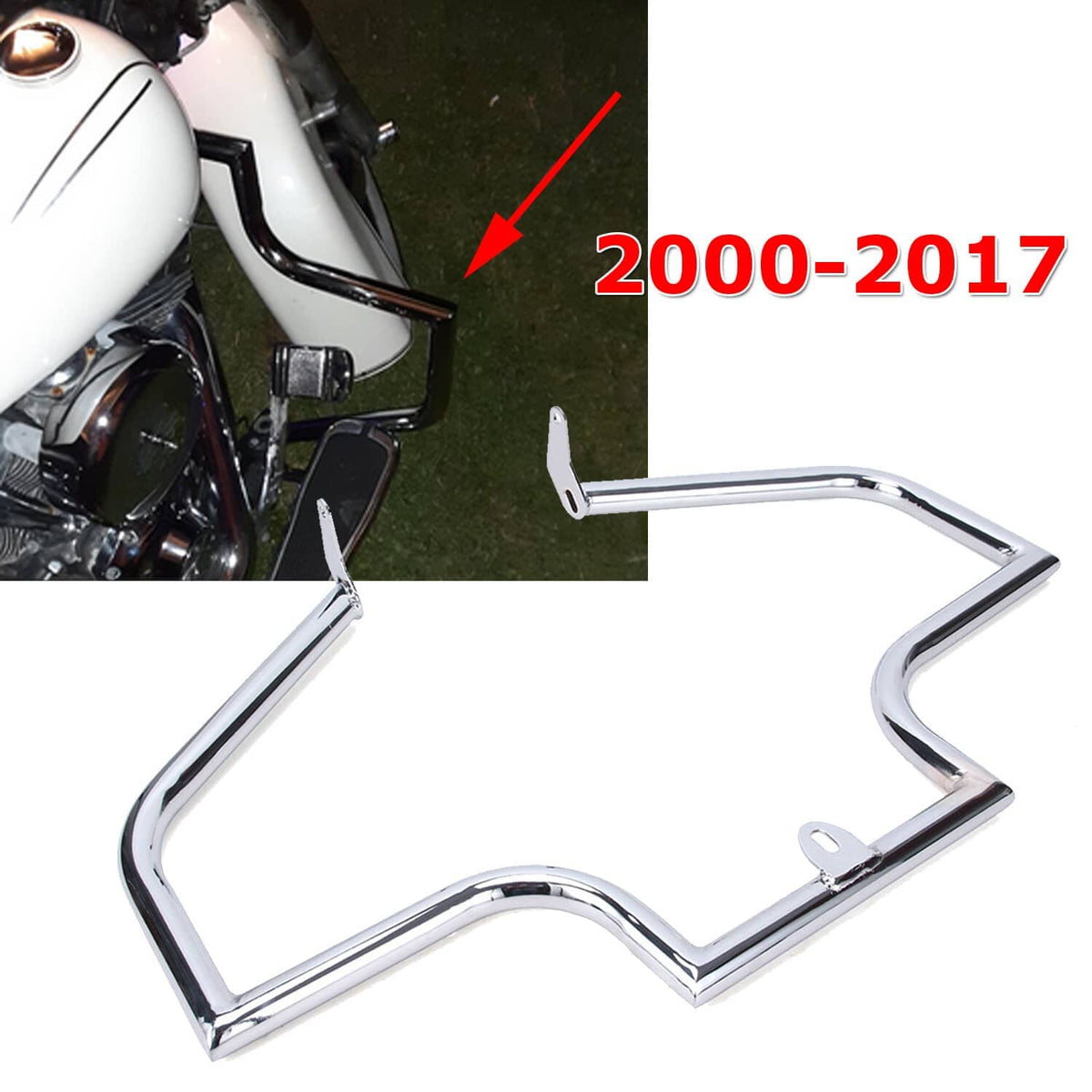 Chrome highway engine guard crash bar, side view with 2000-2017 fitment marking