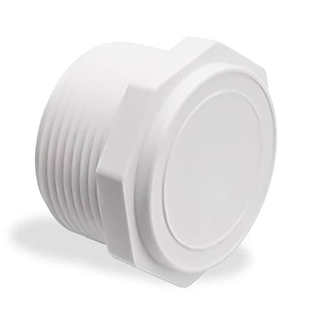 White PVC male threaded pipe end cap, MNPT 3/4, angled view of sealing face