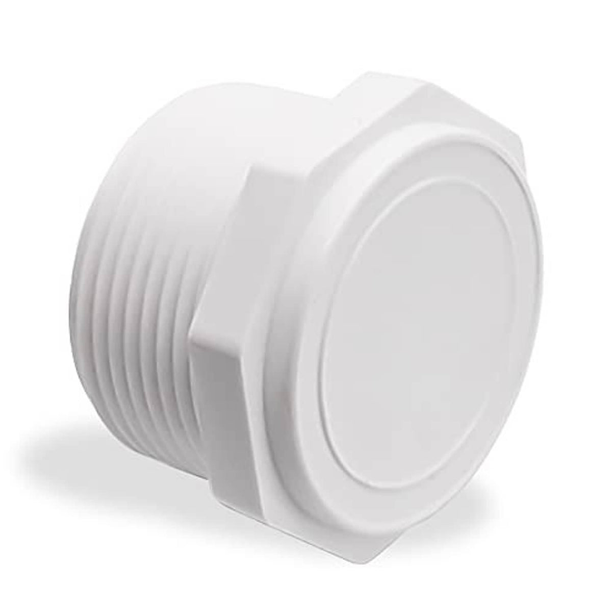 White PVC male threaded pipe end cap, MNPT 3/4, angled view of sealing face