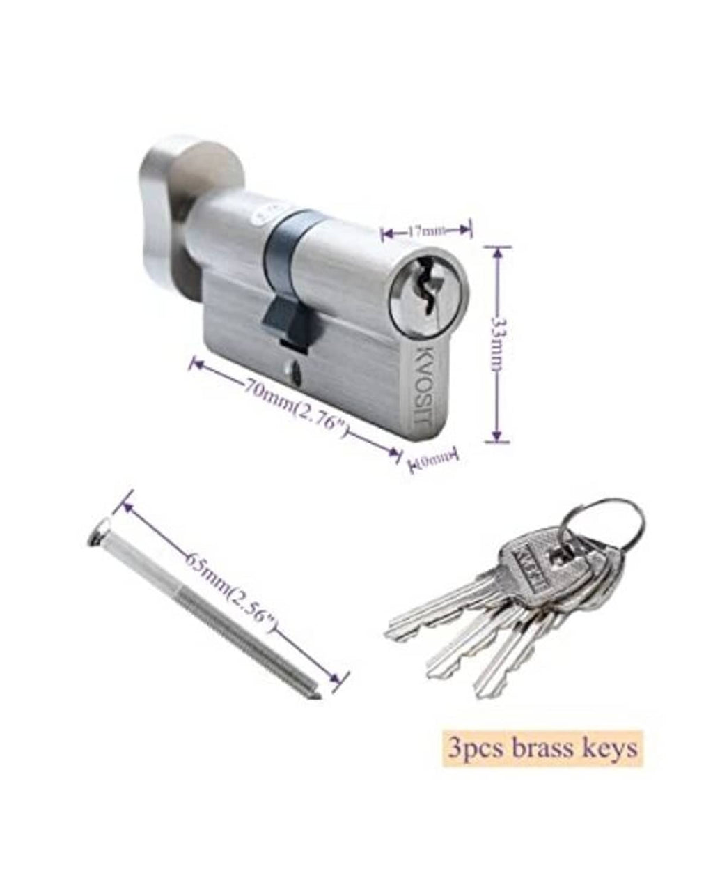 Brushed nickel lock cylinder with 3 brass keys and 70 mm body