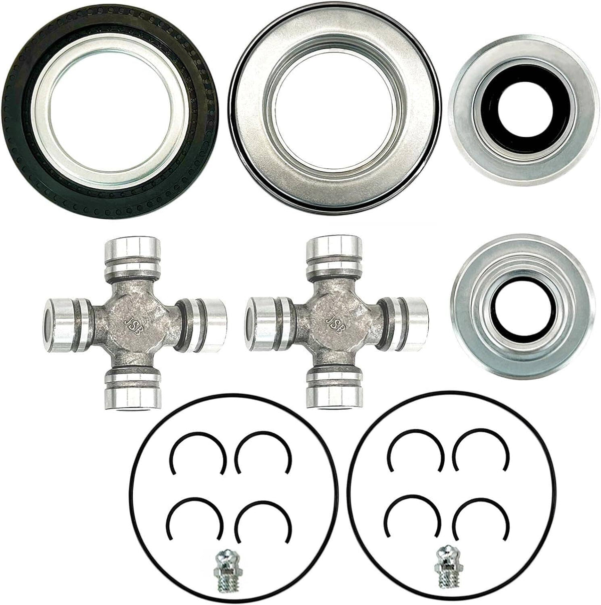 Front axle seal and greaseable U-joint kit with two seal rings and two cross joints