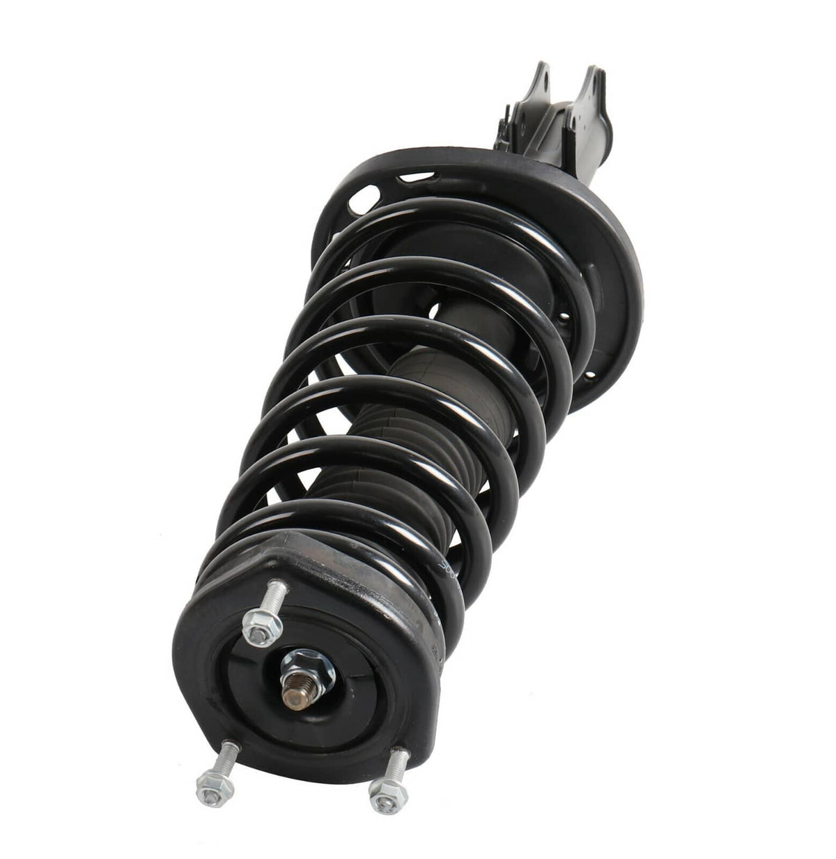 Shock strut assembly with black coil spring and lower strut base bolts