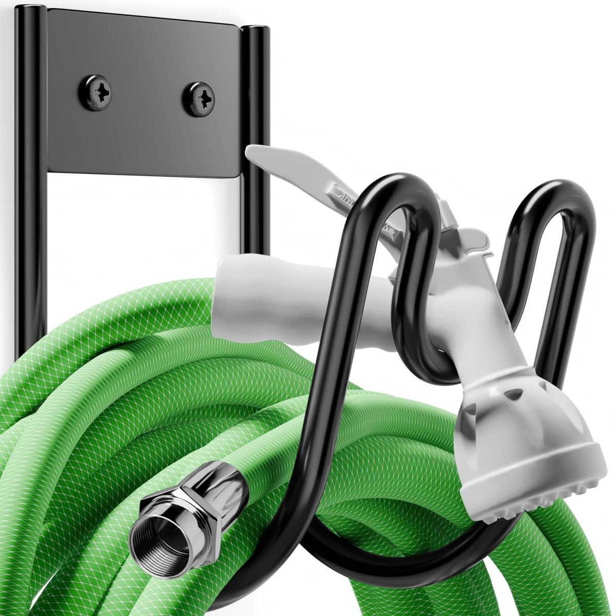 Black metal wall-mounted hose holder with two curved hooks holding a green hose