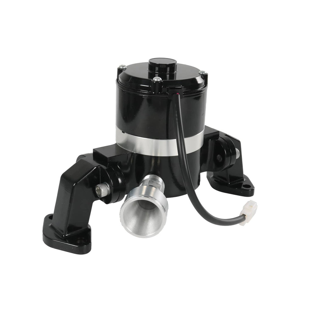 Electric water pump with black housing, silver band, and outlet pipe connector