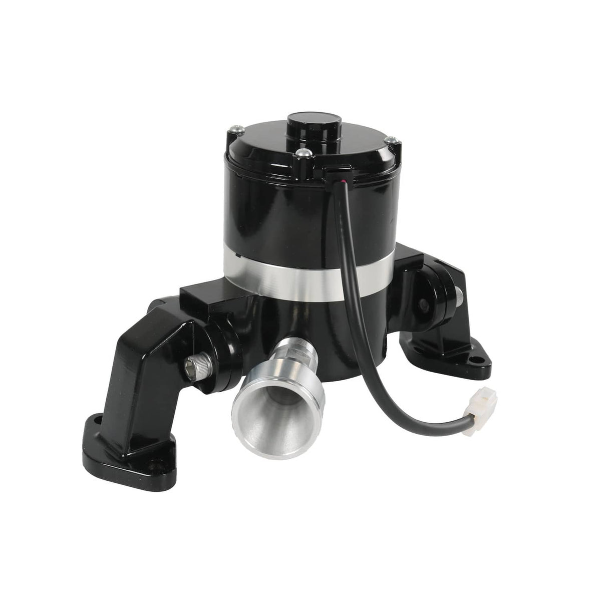 Electric water pump with black housing, silver band, and outlet pipe connector
