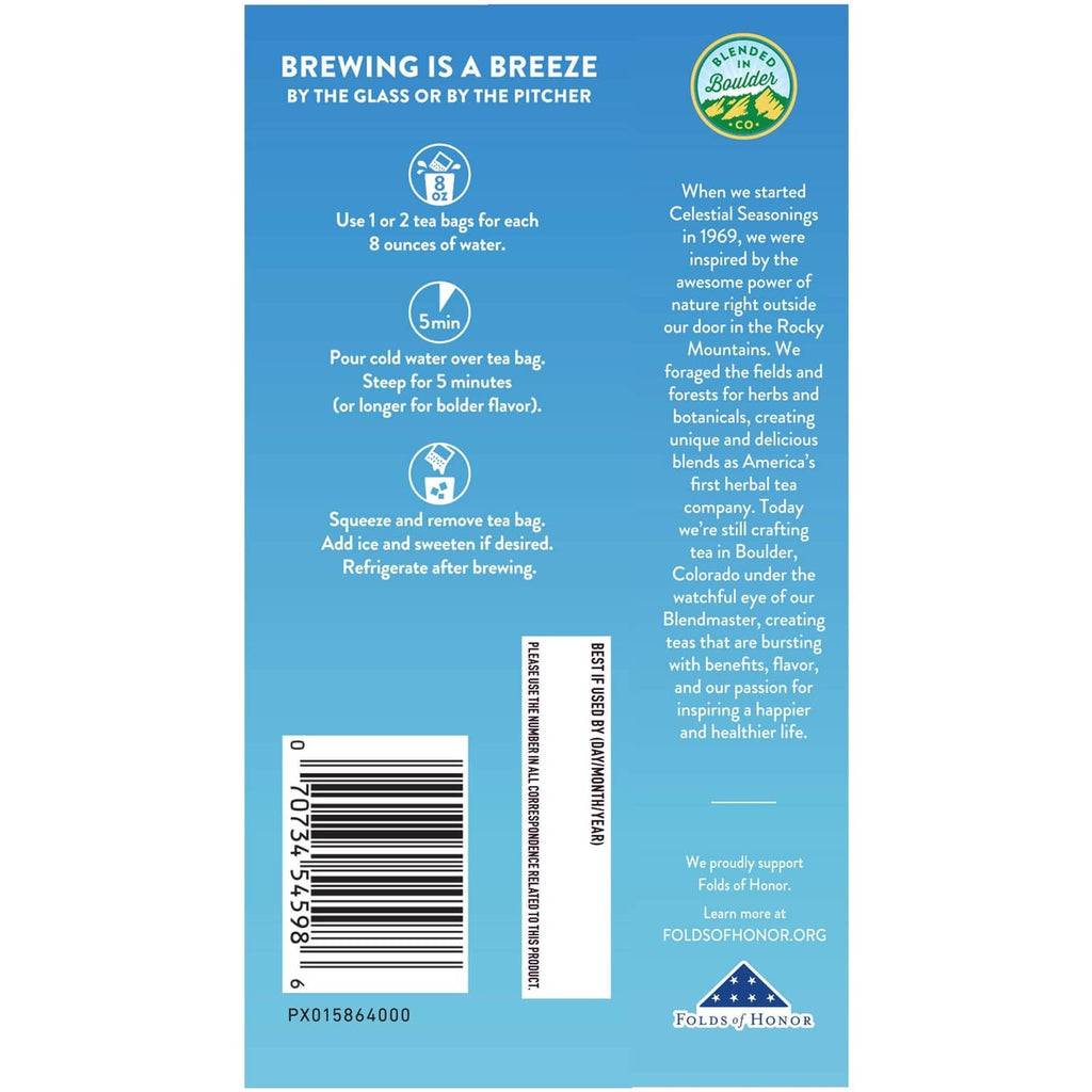 Celestial cold brew iced tea box back with cold-water brewing instructions