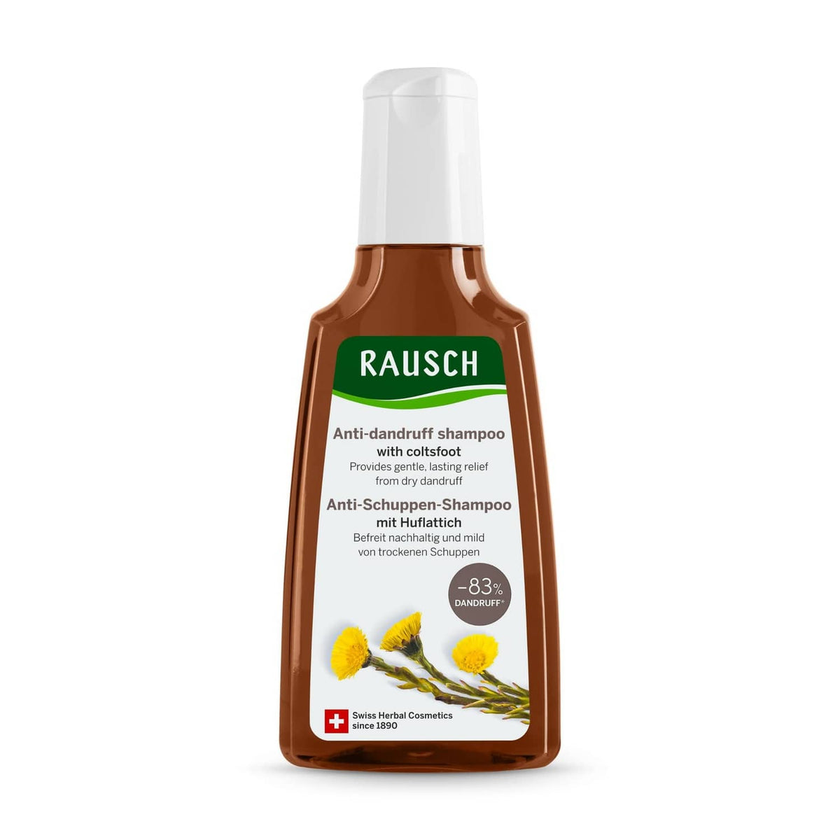 RAUSCH anti-dandruff shampoo bottle, brown with green label, white cap