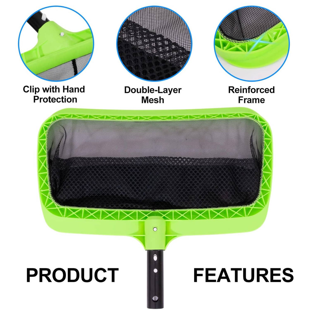 Rectangular green pool leaf skimmer net with double-layer mesh and reinforced frame.