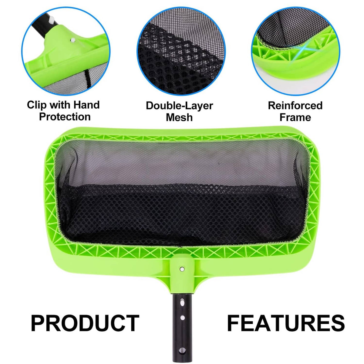 Rectangular green pool leaf skimmer net with double-layer mesh and reinforced frame.