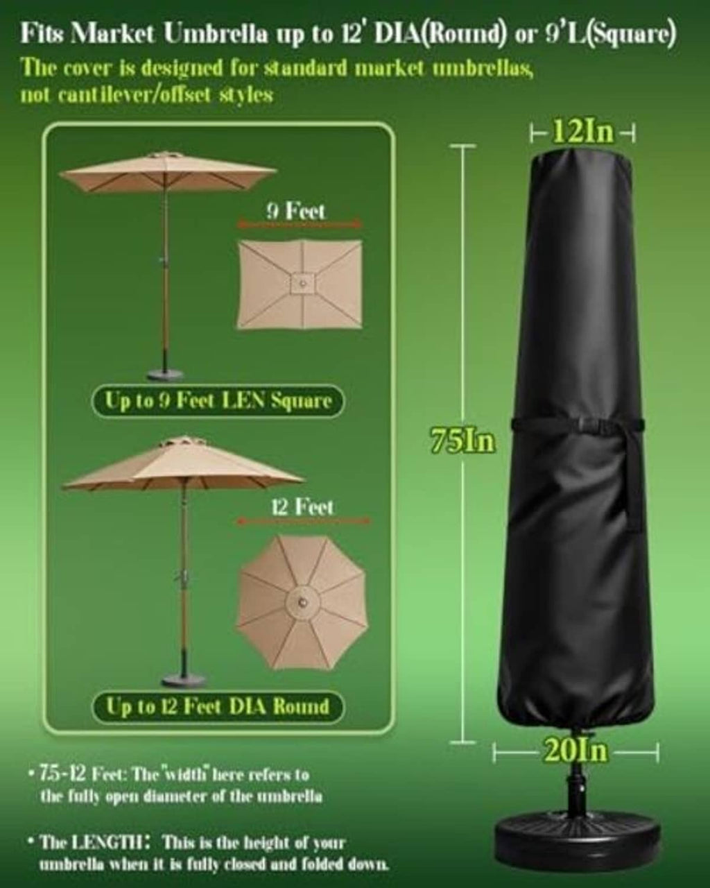 Black patio umbrella cover shown on a stand with front and side fit view