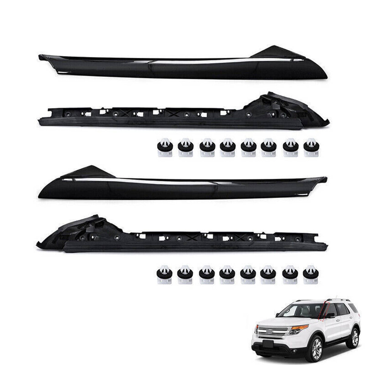 Black windshield A-pillar molding trim pieces with screws and fasteners