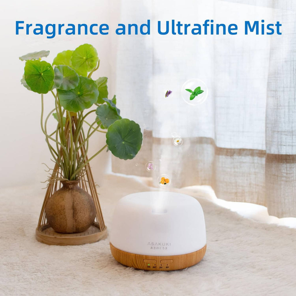 ASAKUKI essential oil diffuser releasing mist, white dome and wood base
