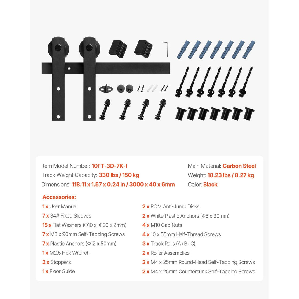 Black barn door hardware components set: track, brackets, rollers, screws, and guides