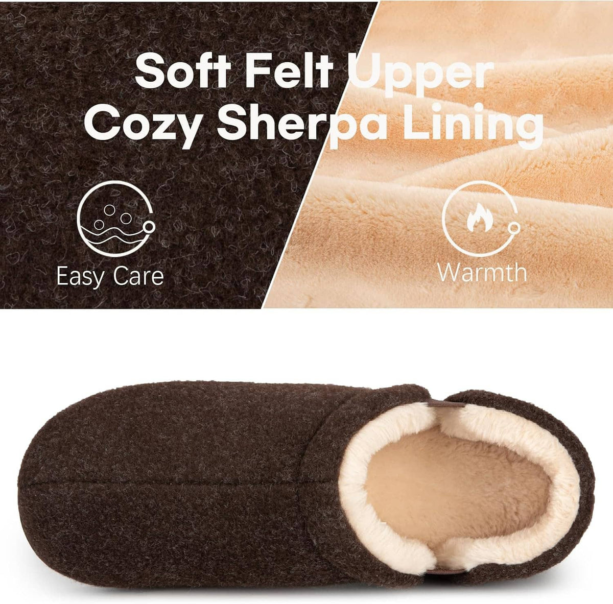 Brown slip-on slipper with round toe and beige sherpa lining, thick black sole