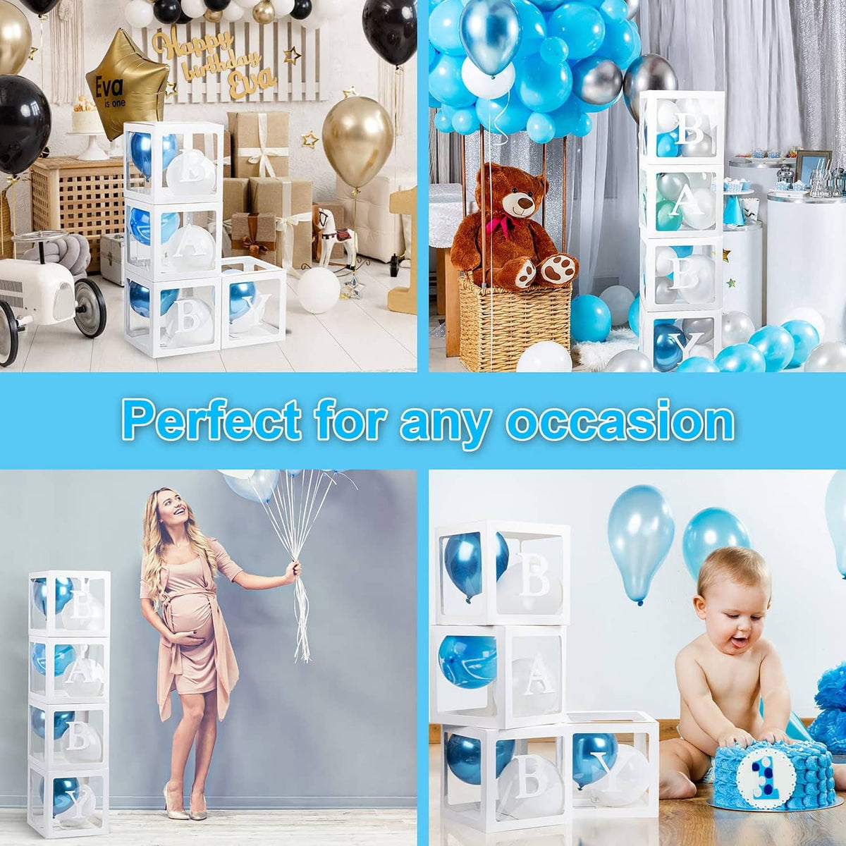 White clear 4-cube balloon display box with blue balloon letters in window cubes