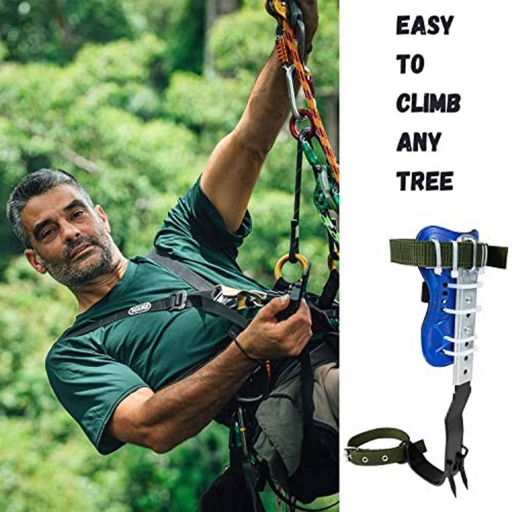Tree climbing spikes worn on boots with green adjustable leg straps and steel spike plates