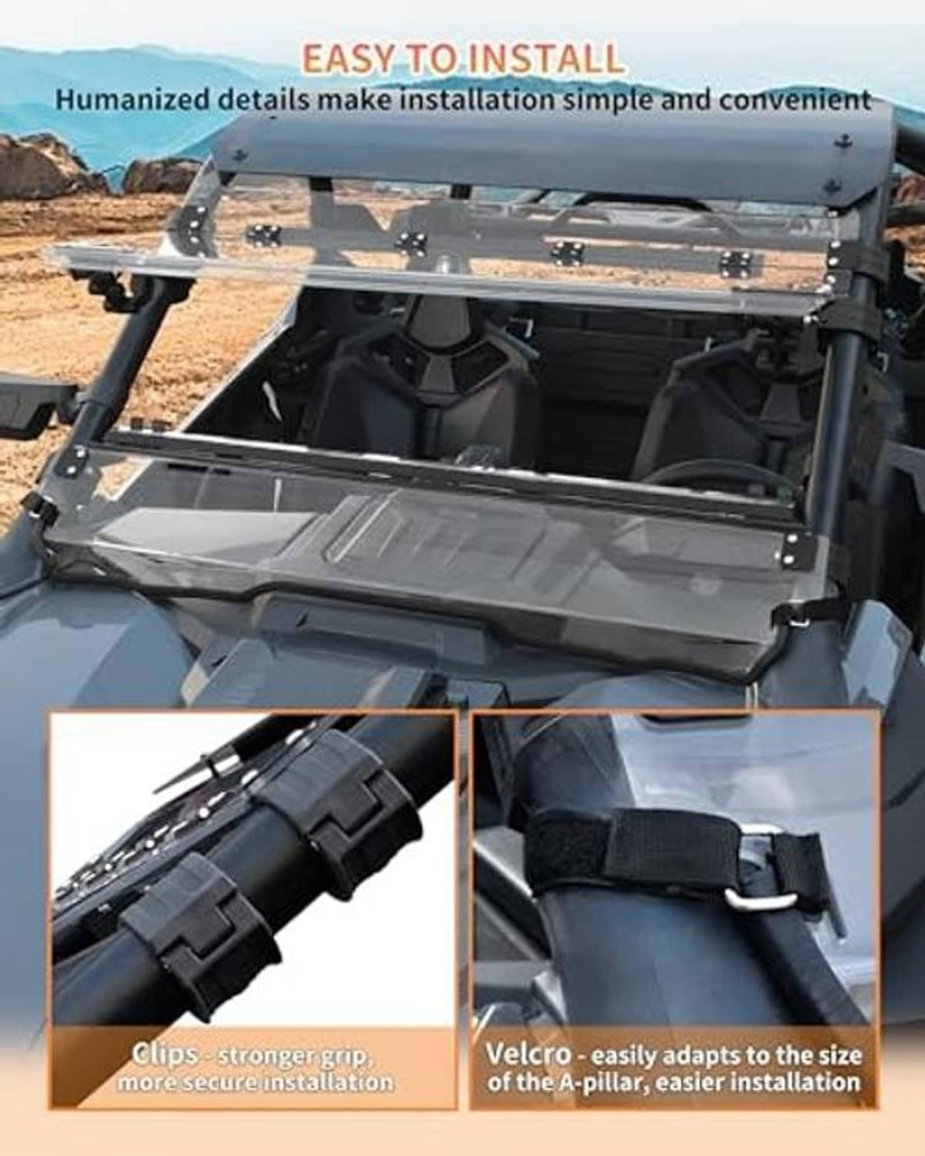 3-in-1 flip-up windshield installation kit with black clips and side straps