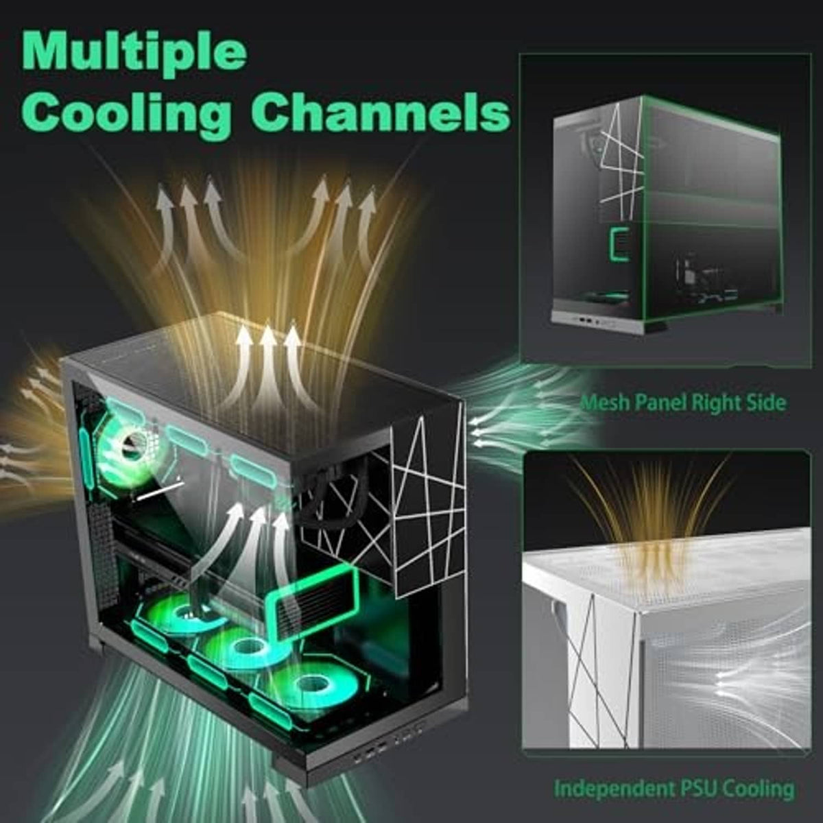 Black PC case with mesh side panel and teal RGB fans with airflow channel graphics
