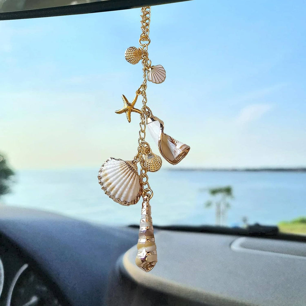 Rearview hanging charm with gold chain, starfish, shell pendants, and crystal beads