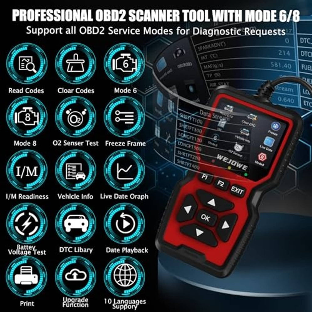 Handheld OBD2 scanner tool with red body, screen, and directional control pad