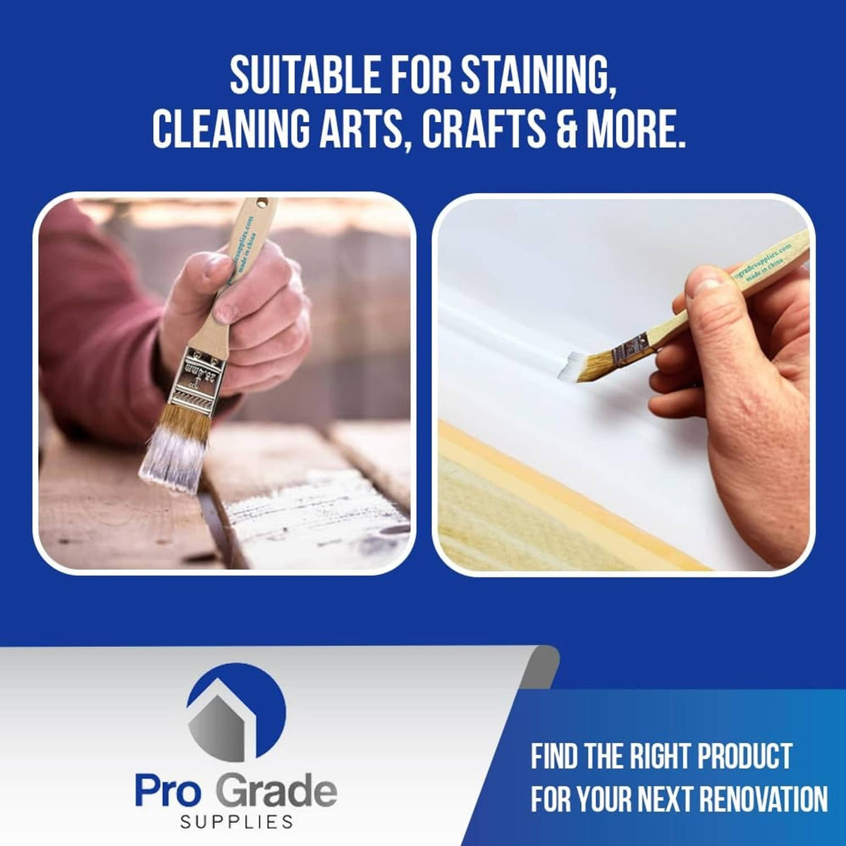 Paint chip brush held in hand with light-brown bristles for staining or cleaning
