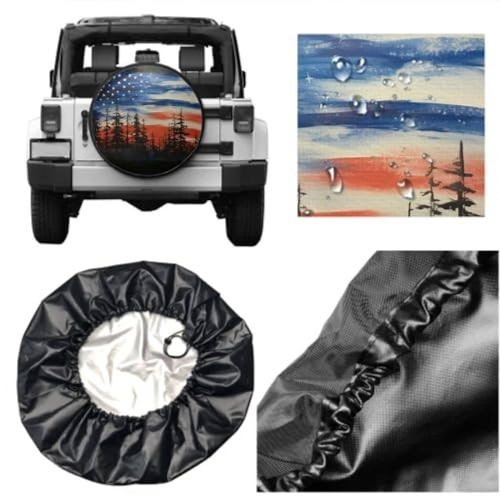 Waterproof spare tire cover with American flag forest print and black fabric close-up