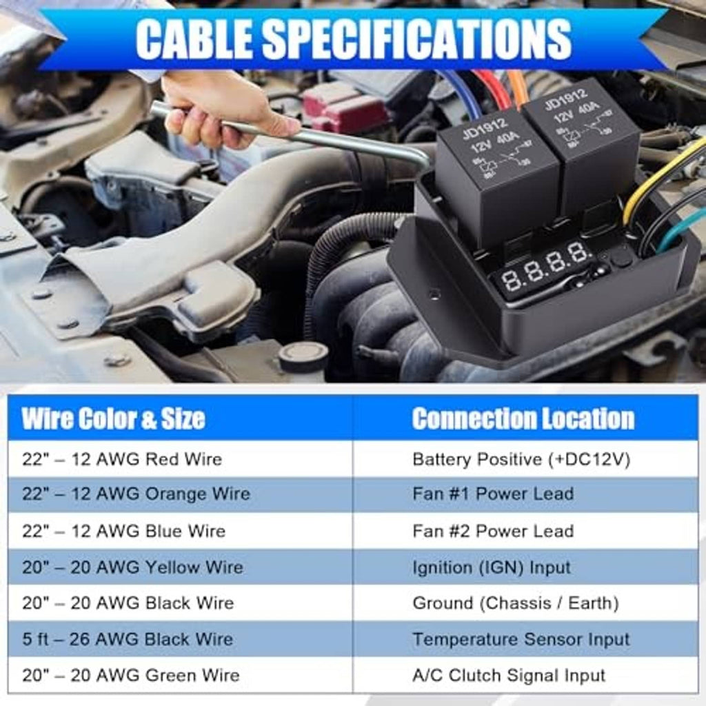 Radiator fan controller cable specs chart with wire gauge and connection locations