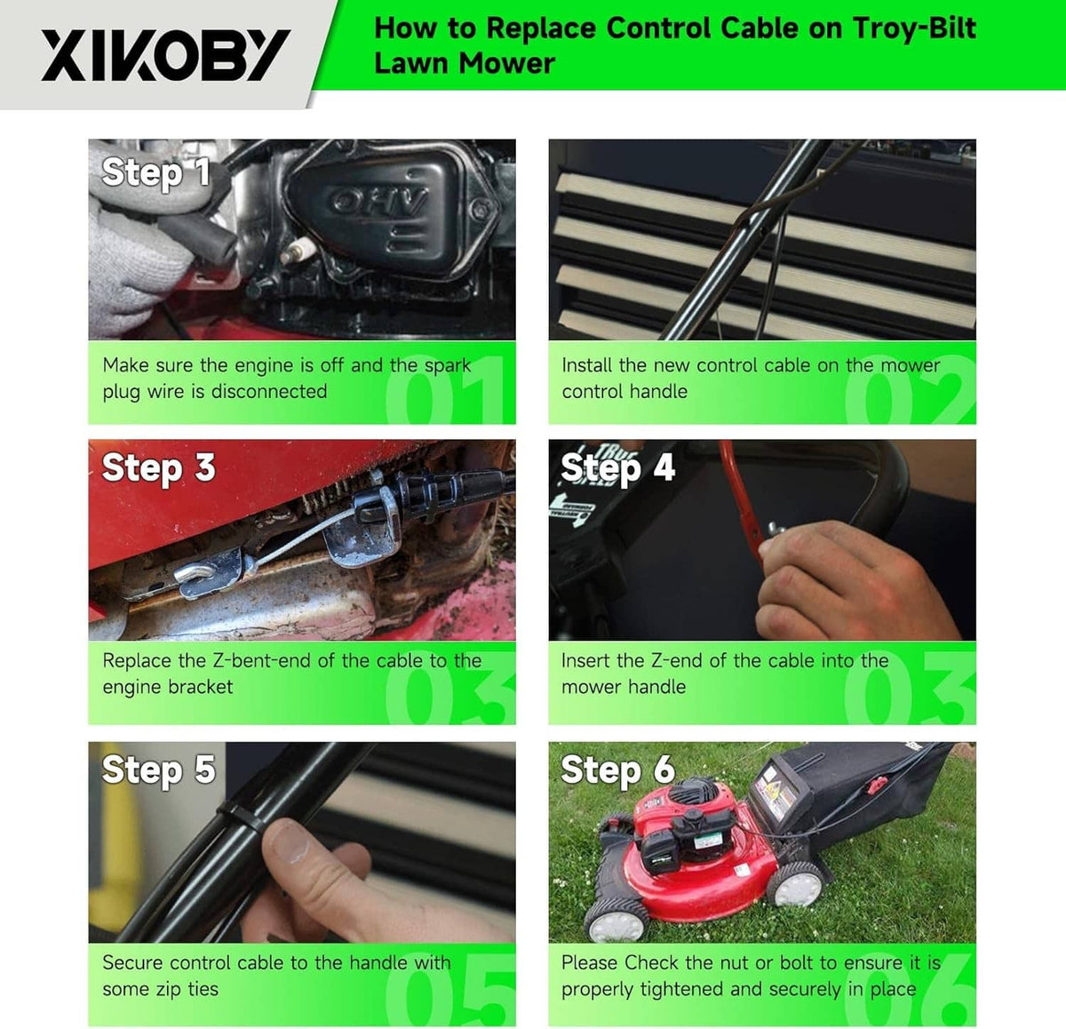 Control cable installation steps showing a black throttle cable with metal ends