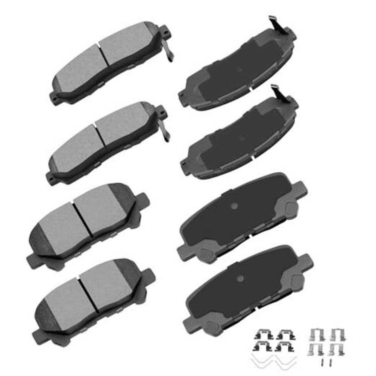 Brake pad set with grey ceramic friction pads and dark backing, front and rear