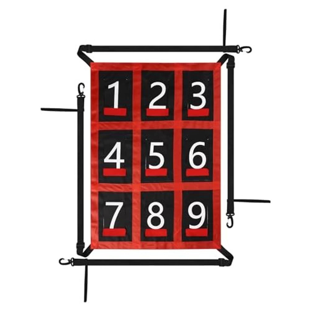 Red-framed baseball strike zone target net with black panels showing 1–9