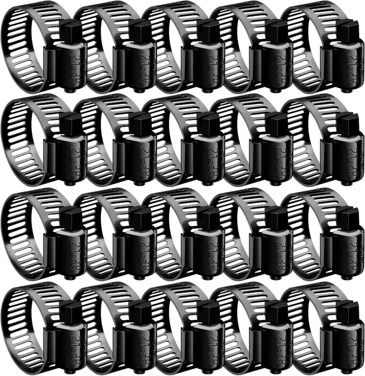 20-piece black hose clamp set arranged in rows, perforated bands and screw heads