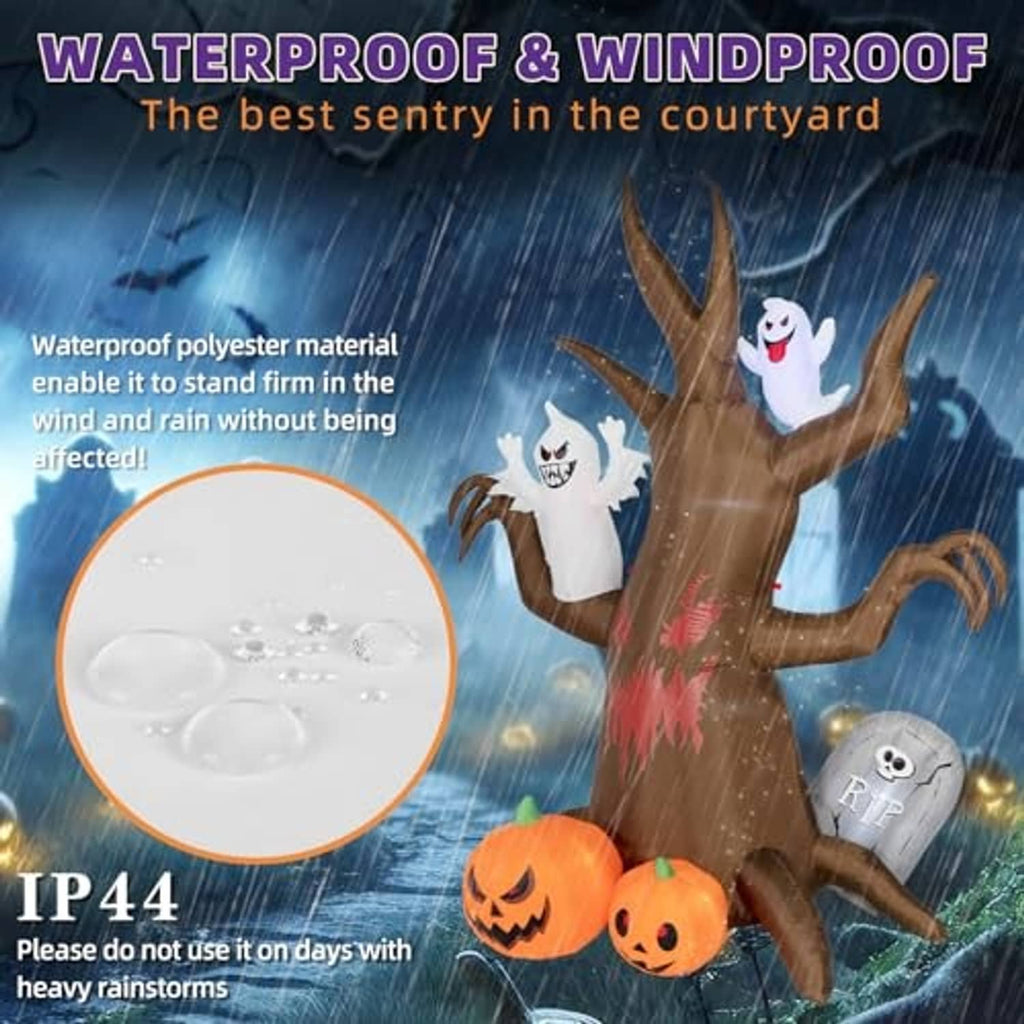 Inflatable Halloween haunted tree decoration with ghosts, pumpkins, and tombstone prop