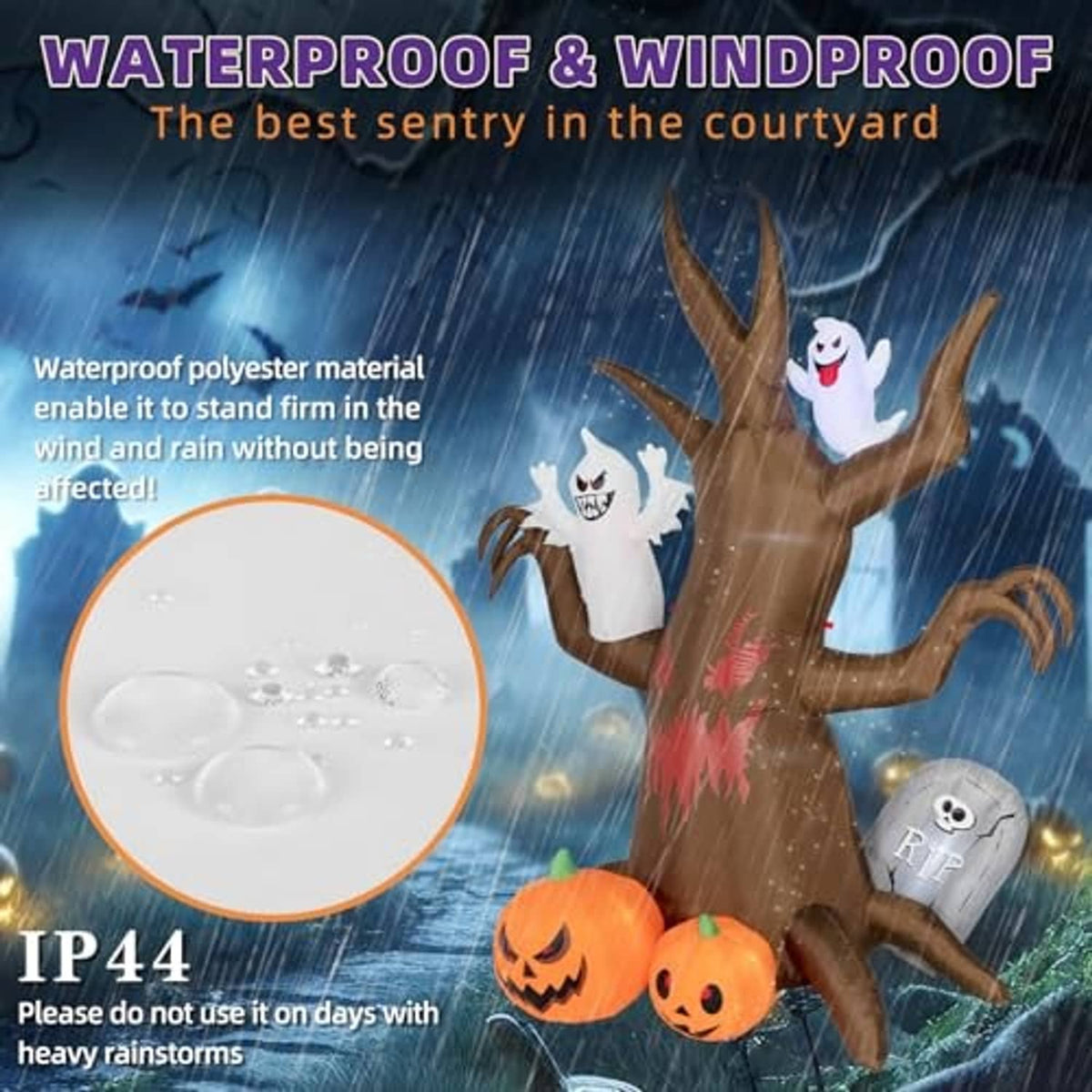 Inflatable Halloween haunted tree decoration with ghosts, pumpkins, and tombstone prop