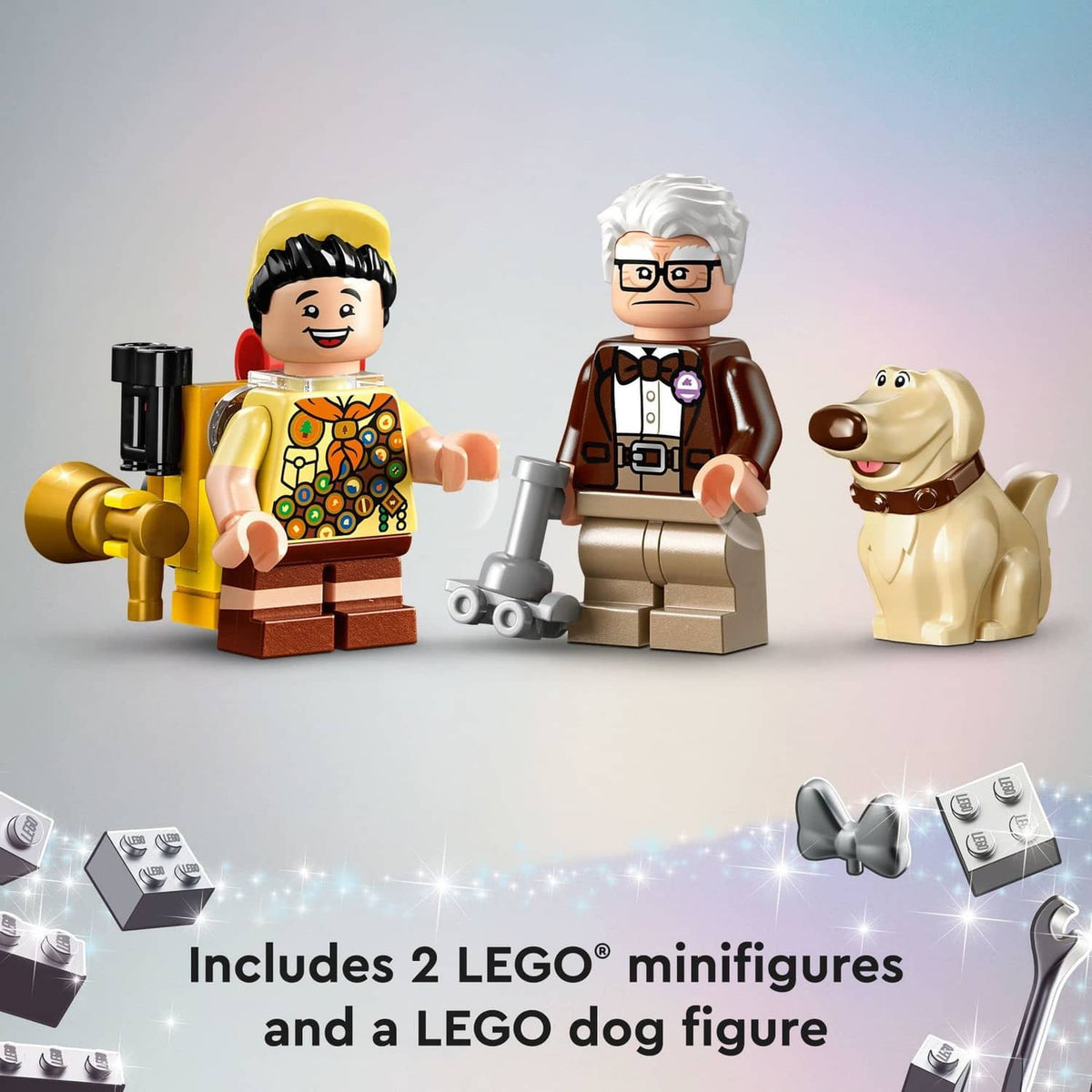 LEGO Up minifigures and dog figure with tools, shown as part of the house set