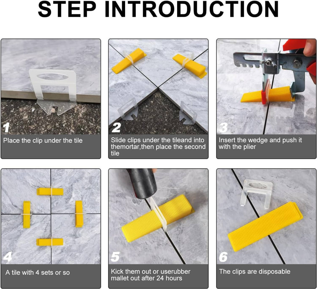 Tile leveling clip step guide showing clip placement, wedge insertion, and hammering