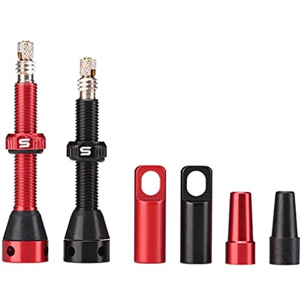 Tubeless valve stems set: red and black stems with base, caps, and threaded shafts