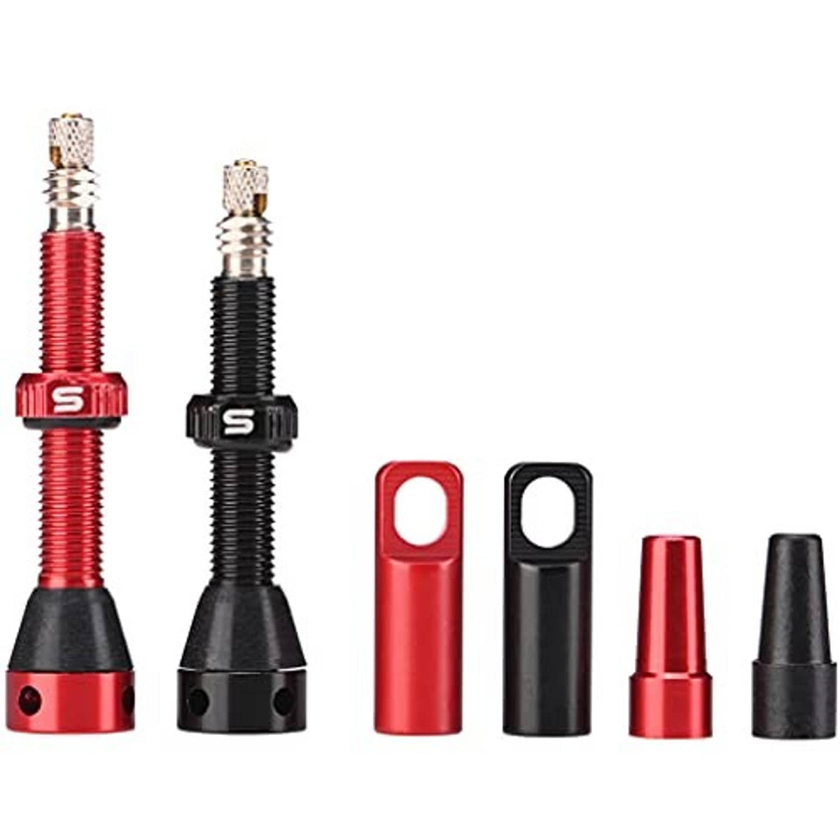 Tubeless valve stems set: red and black stems with base, caps, and threaded shafts