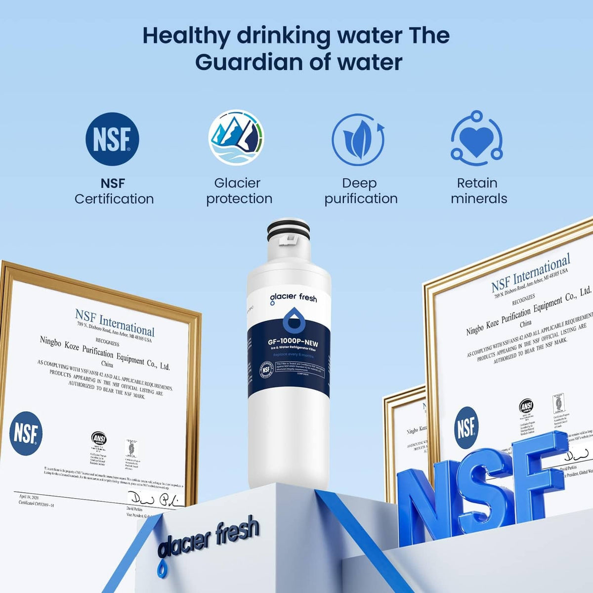 Glacier Fresh water filter with NSF and quality icons on packaging