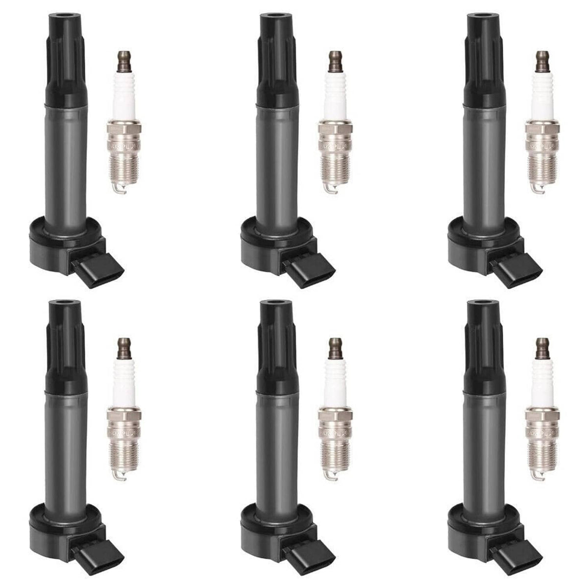 Ignition coils paired with spark plugs, multiple sets shown on white background