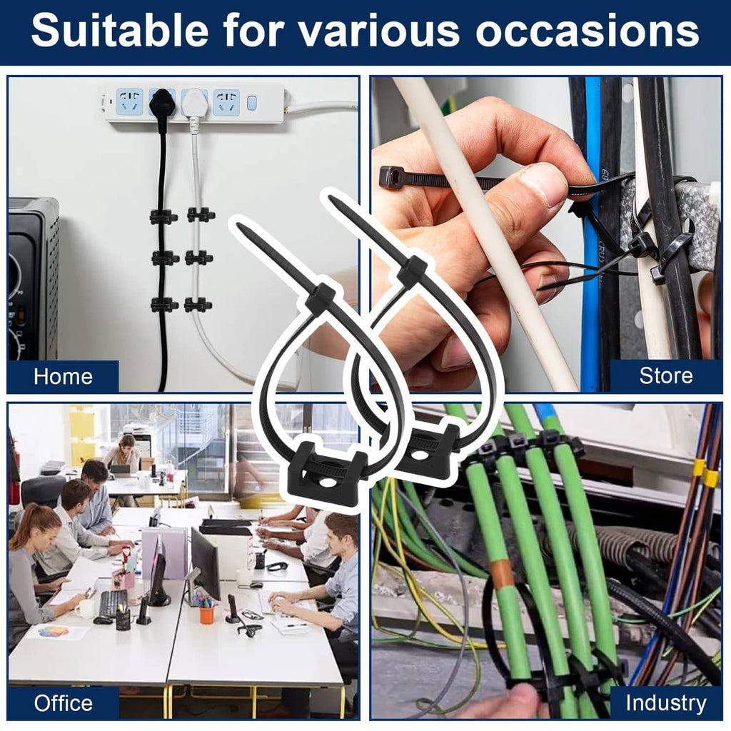 Black cable zip tie mounts securing cables along a wall and equipment